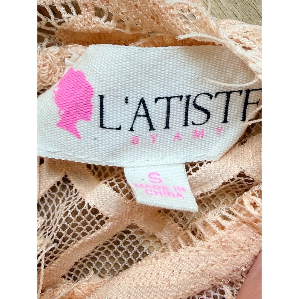 L'Atiste Peach Lace Crop Top Mock Neck Sleeveless Sm 90s Y2K Fairy Wedding - Picture 3 of 7
